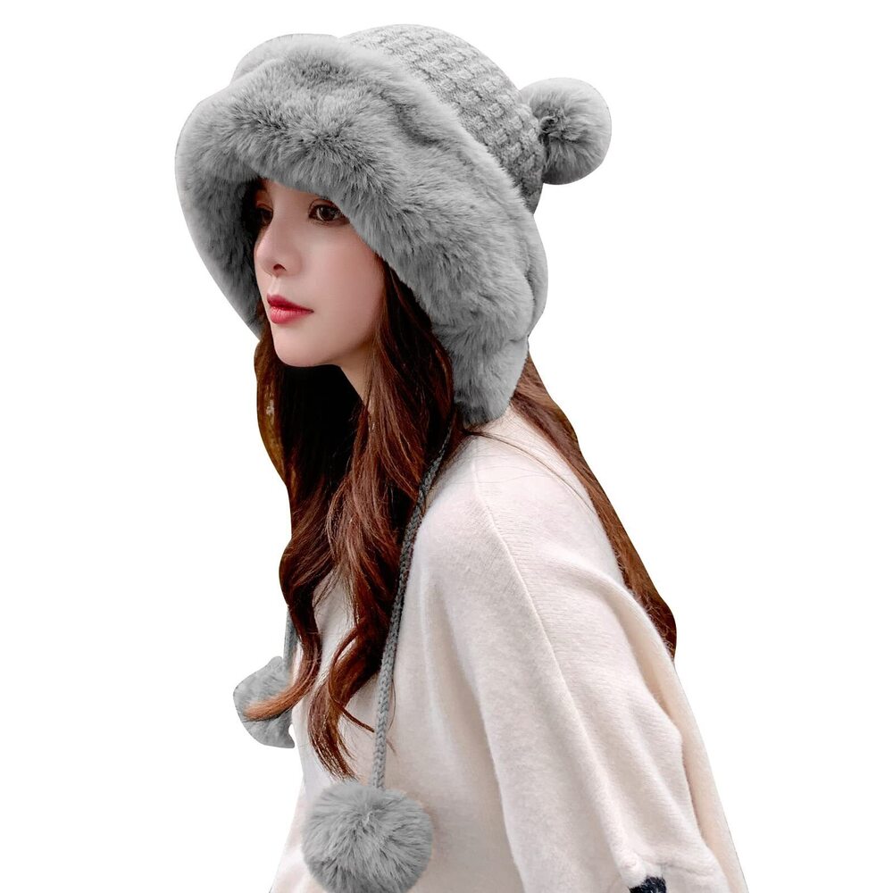 9593 Winter Beanie Hats Warm Knit Skull Cap Fur Hat with Pompom Russian